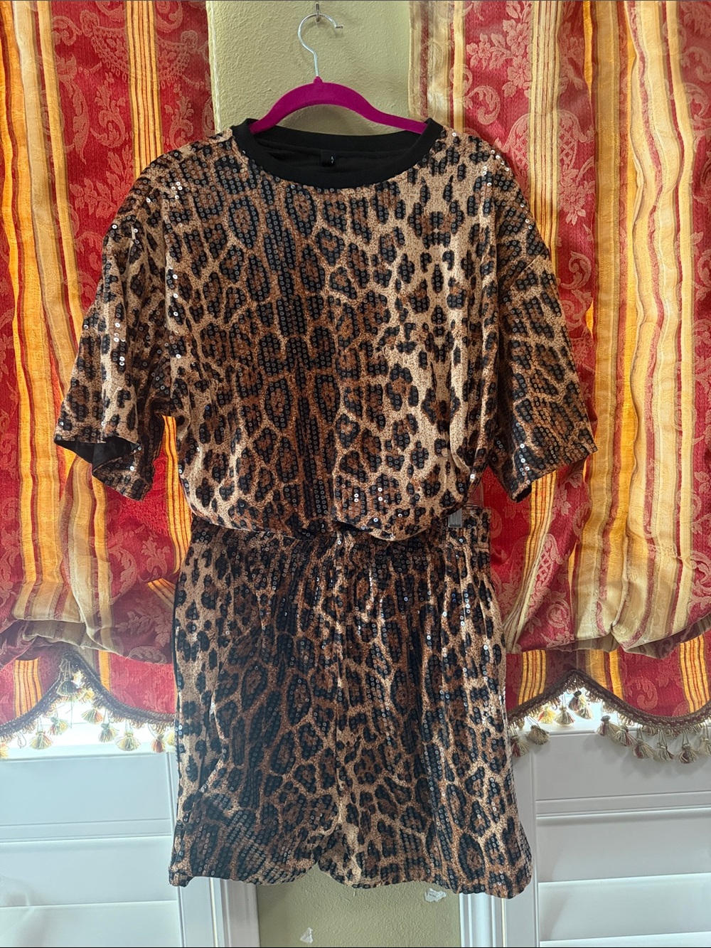 Sequin Leopard Print Women's Short Set - Brown